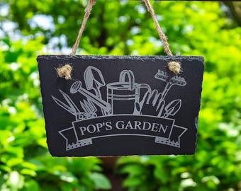 Personalized Pop's Garden Small Sign, Laser Engraved Mini Slate Flower Garden Plaque, Gift for Fathers Day, Gift for Pop, Garden Lovers Gift