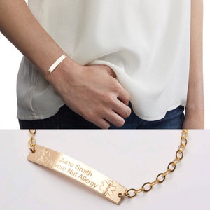 Medical Alert ID Bracelet-Custom Adjustable Medical ID-Personalized Gold Bar Engraved-14K Gold Filled-Rose-Sterling Silver-CG290B_1.5X0.25