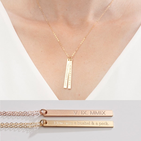 One or Two Custom Vertical Gold Bar Necklace- Personalized Nameplate/Date Skinny Long Bars-14K Gold Filled-Rose-Silver -CG236N