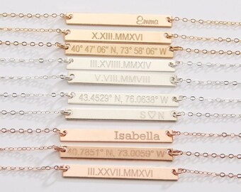 Custom Name Jewelry-Custom Coordinates Necklace-Dates-Rose Gold Bar Necklace-Mom-Bridesmaids Gift-14K Gold Filled-Rose Gold-Silver-CG249N