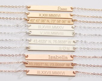 Benutzerdefinierte Name Schmuck-Benutzerdefinierte Koordinaten Halskette-Daten-Roségold Bar Halskette-Mom-Brautjungfern Geschenk-14K Gold Filled-Roségold-Silber-Cg249N