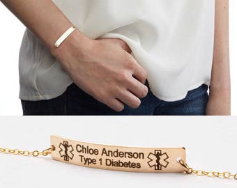 Medical Alert Bracelet-Custom Medical ID-Personalized Gold Bar Engraved-14K Gold Filled-Rose-Sterling Silver-CG289N_1.5X0.25