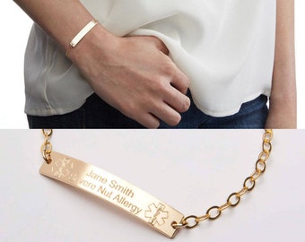 Medical Alert ID Bracelet-Custom Adjustable Medical ID-Personalized Gold Bar Engraved-14K Gold Filled-Rose-Sterling Silver-CG290B_1.5X0.25