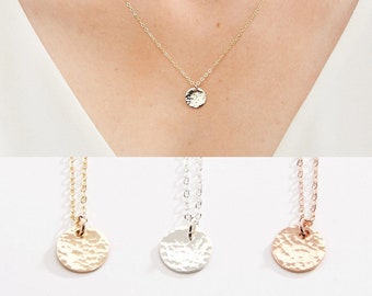 Hammered Texture Small Round Disc Necklace - 3/8 inch - 9.5 mm- Gold Filled, Rose Gold Filled & Sterling Silver - CG204N