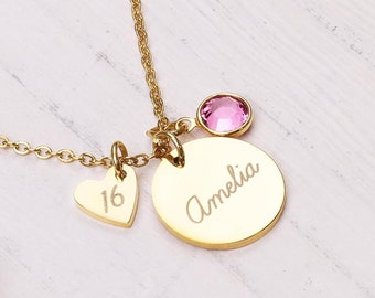 Personalized Name Necklace with Birthstone, Sweet 16 Gift for Daughter, 10th 12th 13th Birthday Gift for Granddaughter, Custom Gold Jewelry