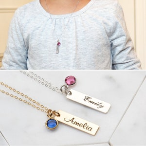 Custom Toddler/Child Name Necklace with a Birthstone-Engraved Girl&#39;s Name, Date, Phone Number-Gift-Gold,Rose, Sterling Silver-CG339N
