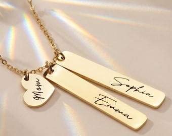 Personalized Name Necklace for Mom, Multiple Kids Names Bar Necklace with Heart Charm, Custom Engraved Family Necklace, Mothers Day Gift