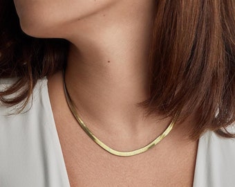 Gold Herringbone Necklace, Snake Chain Choker, 18k Gold Plated Highly Polished Shiny 4 mm Necklaces for Women - CGN1085.