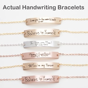 Custom Handwriting Bracelet-Actual Handwriting Bar-Memorial Signature-Kids Handwritten Note-Personalized Both Sides-Gold-Rose-Silver-CG380B