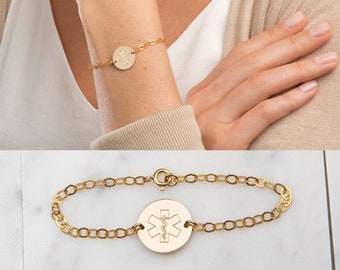 Medical Alert ID Bracelet for Women-Children-Custom Adjustable-Personalized Engraved-Emergency-14K Gold Filled-Rose-Sterling Silver-CG343B