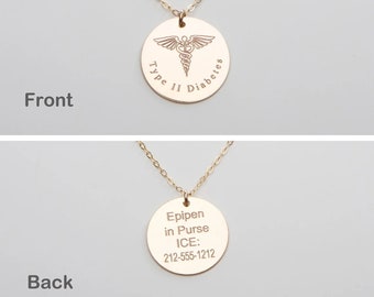 Medical Alert Necklace-Custom Medical ID Jewelry-Personalized-Nut Allergy-Type 1 Diabetes-14K Gold Filled-Rose-Sterling Silver-CG368N_0.75