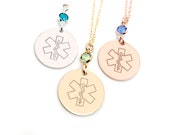 Medical Alert Necklace w a Birthstone - Custom Medical ID Jewelry-Personalized-Nut Allergy-Type 1 Diabetes-Gold-Rose-Sterling Silver-CG515N