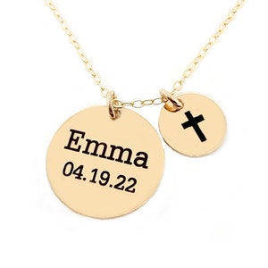 Personalized Name Date Cross Necklace-Girl Baptism First Communion Christening Confirmation Christian Easter Gift-Gold Rose Silver-CG413N
