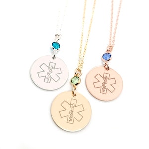 Medical Alert Necklace w/a Birthstone - Custom Medical ID Jewelry-Personalized-Nut Allergy-Type 1 Diabetes-Gold-Rose-Sterling Silver-CG515N