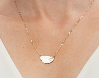 Hammered Texture-Medium Half Moon Disc Necklace-Dainty Half Circle-Geometric-Gold Filled, Silver,14 K Solid Yellow Rose White Gold-CG251N