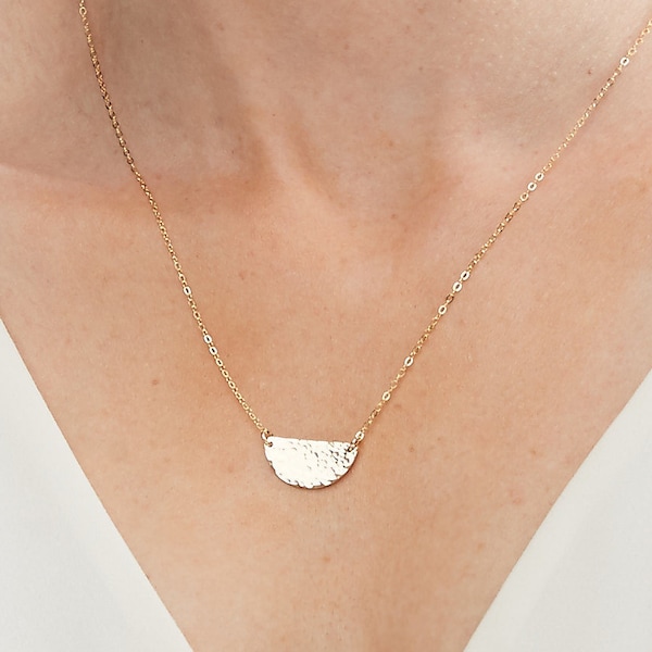 Hammered Texture-Medium Half Moon Disc Necklace-Dainty Half Circle-Geometric-Gold Filled, Silver,14 K Solid Yellow Rose White Gold-CG251N