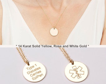 14 Karat Solid Yellow, Rose, White Gold-Medical Alert Necklace-Custom Medical ID Jewelry-Personalized-Nut Allergy-Type 1 Diabetes-CG387N_625