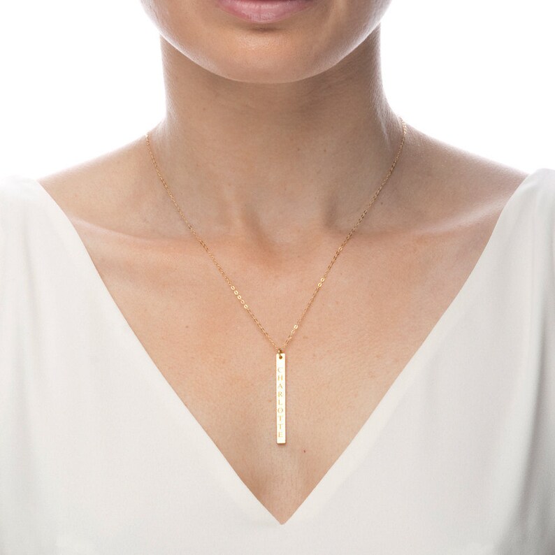 Custom Long Vertical Gold Bar Necklacepersonalized Etsy