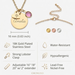 May include: A gold-plated stainless steel necklace featuring a circular pendant engraved with the name Amelia, a heart charm engraved with the number 16, and a pink crystal charm. The chain includes a lobster clasp and is adjustable from 40.6 to 50.8 cm.