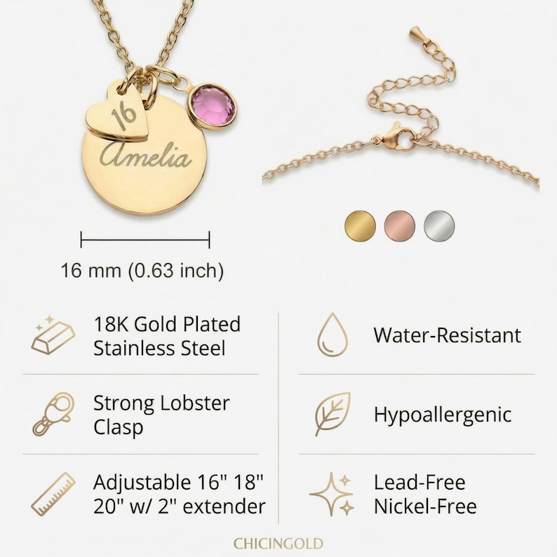 May include: A gold-plated stainless steel necklace featuring a circular pendant engraved with the name Amelia, a heart charm engraved with the number 16, and a pink crystal charm. The chain includes a lobster clasp and is adjustable from 40.6 to 50.8 cm.