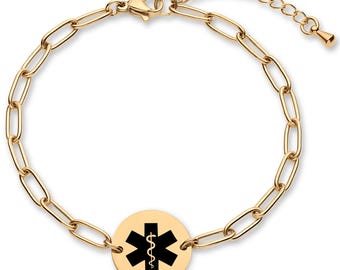 Medical Alert ID Bracelet for Women, Stylish Adjustable Customized Medic Jewelry 18k Gold Rose Silver, Hypoallergenic, Waterproof - CGN1040.