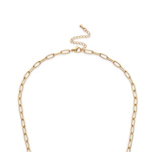 May include: A gold-colored chain necklace with an adjustable length. The necklace features a series of elongated oval links. The clasp and the adjustable chain are also gold-colored. The necklace is displayed against a white background.