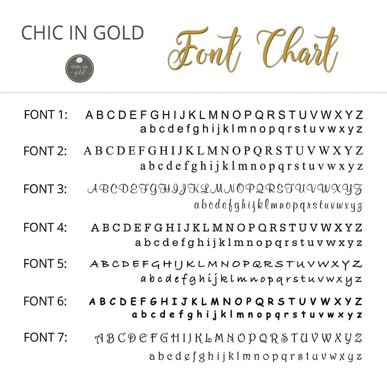 May include: A chart showing seven different fonts in uppercase and lowercase letters. The chart is titled "Font Chart" and is labeled "Chic in Gold".