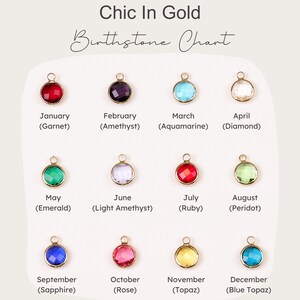 May include: A Chic In Gold Birthstone Chart displaying twelve circular charms with gold settings and faceted stones in various colours. Each charm is labelled with its corresponding month and gemstone name, from January Garnet to December Blue Topaz.
