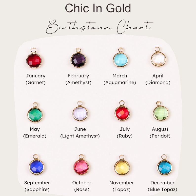 May include: A Chic In Gold Birthstone Chart displaying twelve circular charms with gold settings and faceted stones in various colours. Each charm is labelled with its corresponding month and gemstone name, from January Garnet to December Blue Topaz.