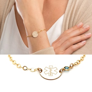 Bracelet d'identification d'alerte médicale avec pierre de naissance pour femme-enfants-personnalisé réglable-personnalisé-urgence 14 carats rempli d'or rose-argent-CG506B
