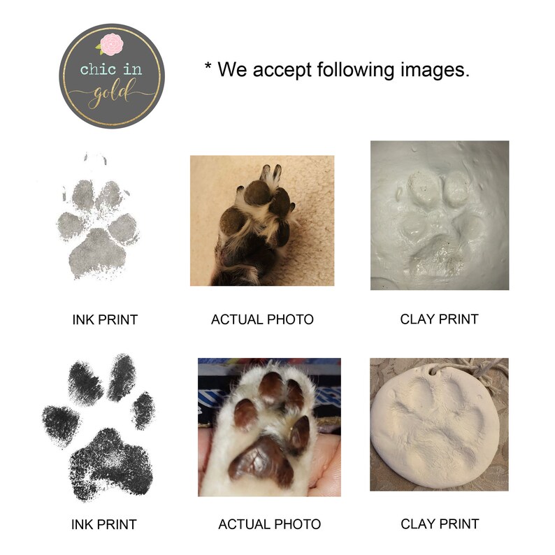 May include: A collage of six images showing different ways to capture a pet's paw print. The top row shows a gray ink print, a close-up photo of a dog's paw, and a gray clay print. The bottom row shows a black ink print, a close-up photo of a dog's paw, and a white clay print.