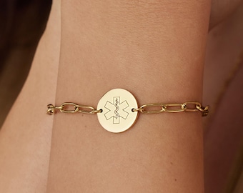 Personalized Medical Alert ID Bracelet for Women, 18k Gold Plated Stylish Medic Jewelry, Waterproof & Hypoallergenic - CGN1039P