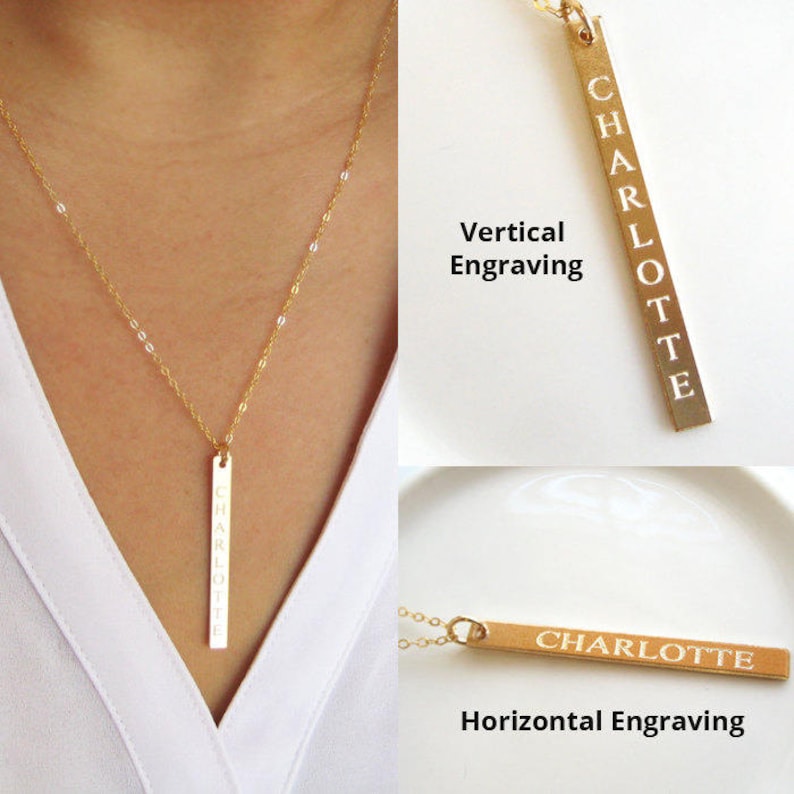 Custom Long Vertical Gold Bar Necklacepersonalized Etsy