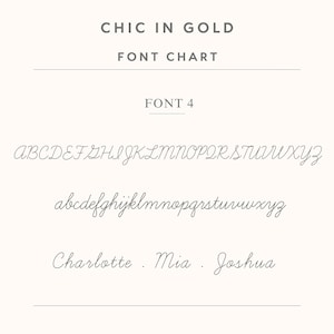 May include: A font chart titled CHIC IN GOLD FONT CHART displaying FONT 4. The image features the full uppercase and lowercase alphabet in a cursive script, followed by the example names Charlotte, Mia, and Joshua in the same script style.