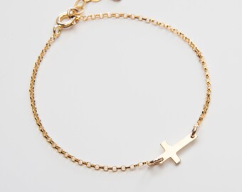 Modern Small Cross Necklace-Asymmetrical-Side way Tiny Cross-Christian Christmas Religious Gift-14k Gold Filled Rose Sterling Silver-CG391N.