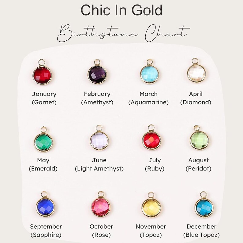 May include: A chart showing the birthstones for each month of the year. The chart features a gold charm with a gemstone for each month. The gemstones are: Garnet, Amethyst, Aquamarine, Diamond, Emerald, Light Amethyst, Ruby, Peridot, Sapphire, Rose, Topaz, and Blue Topaz.
