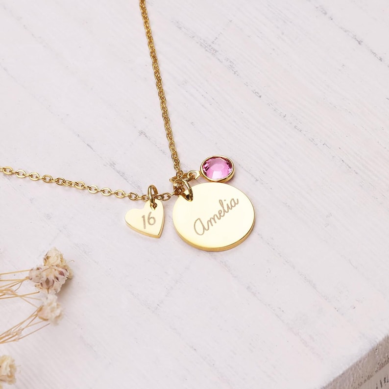 Personalized Name Necklace with Birthstone, Sweet 16 Gift for Daughter, 10th 12th 13th Birthday Gift for Granddaughter, Custom Gold Jewelry image 1