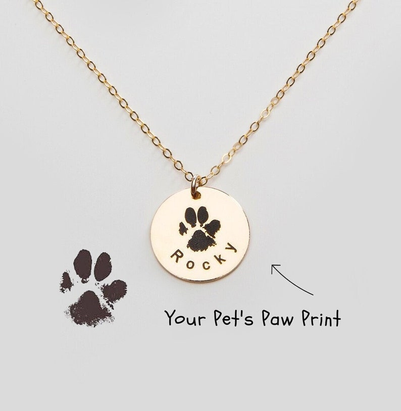 May include: Gold necklace with a round pendant featuring a paw print and the name "Rocky" engraved on it. The pendant is hanging from a delicate gold chain.