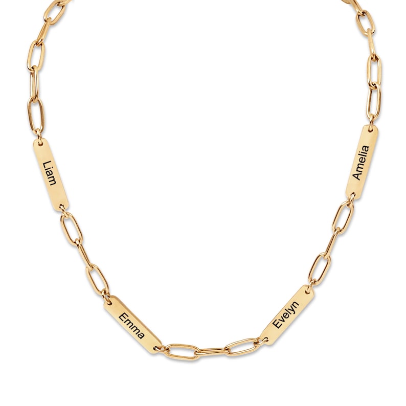 May include: A gold-colored chain necklace with four rectangular nameplates. Each plate is engraved with a name: Liam, Emma, Evelyn, and Amelia. The necklace has a delicate, elegant design.