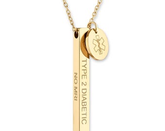 Medical Alert ID Necklace for Women, Customizable Medic Alert Jewelry, 18k Gold, Rose, Silver,  Hypoallergenic, Waterproof - CGN1036