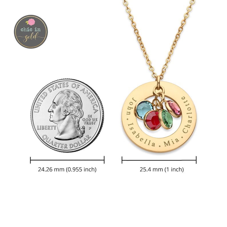 May include: Gold necklace with a round charm engraved with the names "John", "Isabella", "Mia", and "Charlotte". The charm has four colorful gemstones hanging from it. The necklace is shown next to a US quarter for size comparison.