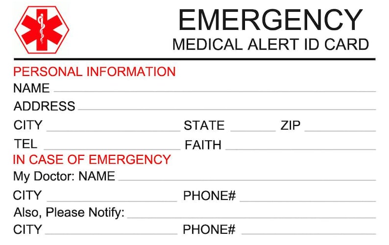 May include: White medical alert ID card with red text and a red medical symbol. The card includes fields for personal information, emergency contact details, and medical information. The text "EMERGENCY MEDICAL ALERT ID CARD" is at the top.