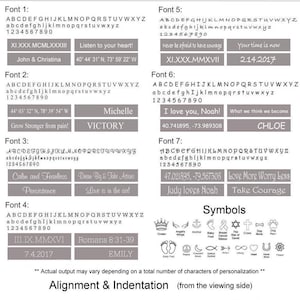 Puede incluir: Una gu&iacute;a de diferentes fuentes, s&iacute;mbolos y opciones de alineaci&oacute;n para joyas personalizadas. La imagen muestra ejemplos de diferentes fuentes, n&uacute;meros y s&iacute;mbolos que se pueden usar en joyas. La imagen tambi&eacute;n muestra ejemplos de c&oacute;mo se pueden alinear las joyas en un collar.
