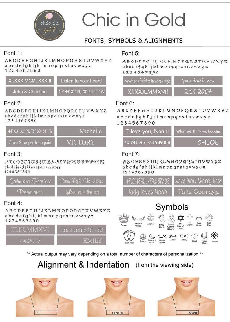 Puede incluir: Una gu&iacute;a de diferentes fuentes, s&iacute;mbolos y opciones de alineaci&oacute;n para joyas personalizadas. La imagen muestra ejemplos de diferentes fuentes, n&uacute;meros y s&iacute;mbolos que se pueden usar en joyas. La imagen tambi&eacute;n muestra ejemplos de c&oacute;mo se pueden alinear las joyas en un collar.