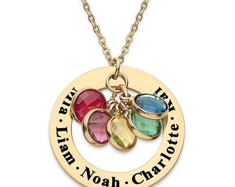 May include: A gold-colored pendant necklace with a chain. The pendant is a circular design with the names "Liam", "Noah", "Charlotte", "Kai", and "Mila" engraved around the edge. It features several colorful gemstones in red, pink, yellow, green, and blue.