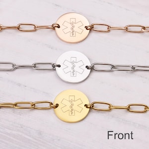 May include: Three medical alert bracelets in rose gold, silver, and gold. Each bracelet features a circular pendant with the Star of Life symbol and a chain link band. The word "Front" is printed at the bottom.