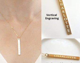 Reversible Custom Vertical Gold Bar Necklace-Personalized Nameplate/Date Skinny Long Bar-Reversible-14K Gold Filled-Rose-Silver -CG233N