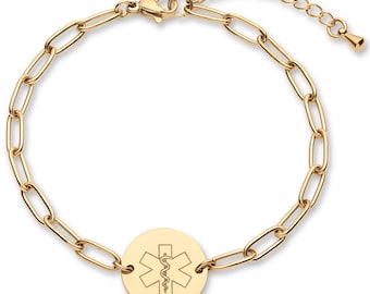 Medical Alert ID Bracelet Women, Custom Engraved, Waterproof Hypoallergenic Stainless Steel, 18K Gold Plated Rose Gold Silver - CGB1039P