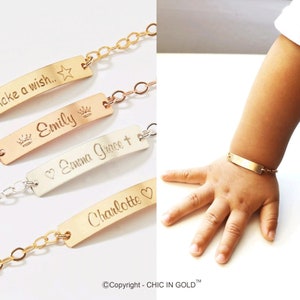 Personalized Child ID Bracelets Girl Boy-Name Phone number Date-Adjustable Baby Toddler Custom Bar-14K Gold Filled-Rose-Silver-CG322B_1.25