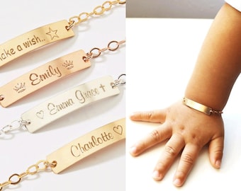 Personalized Child ID Bracelets Girl Boy-Name Phone number Date-Adjustable Baby Toddler Custom Bar-14K Gold Filled-Rose-Silver-CG322B_1.25